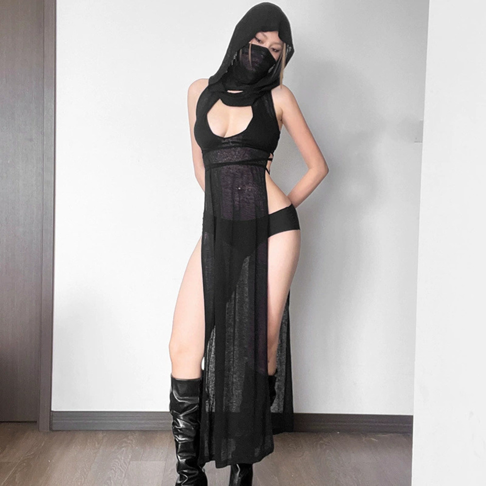 H&M Chic Winter Sexy Solid Color Hooded Sleeveless High Slit Dress